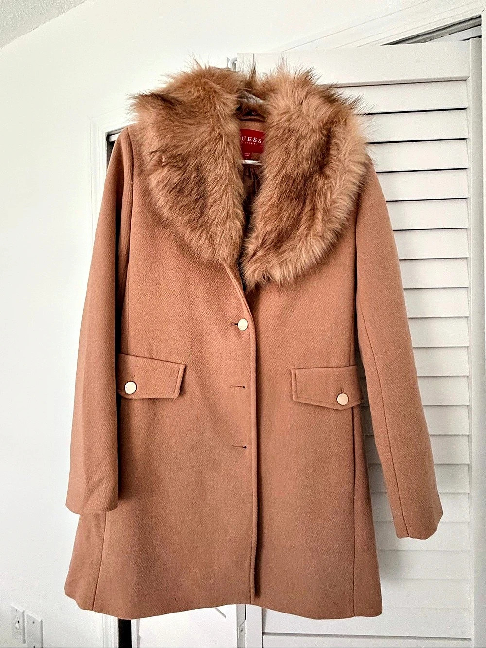 GUESS Faux Fur Collar Coat Brown Small - New